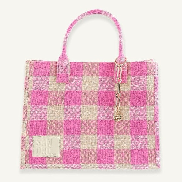 $450 SANDRO Kasbah gingham print cotton‎ tote bag shoulder bag pink cream white - Picture 4 of 10
